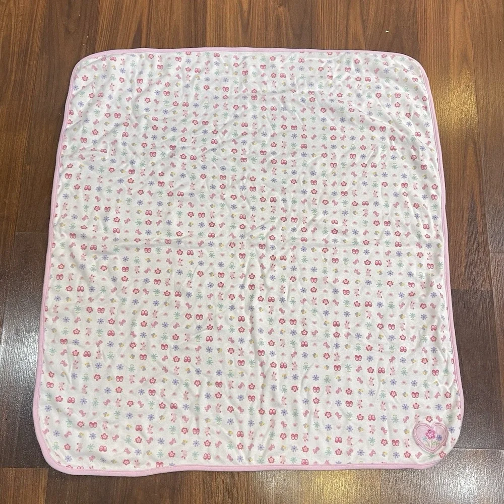 HTF Rare Carters‎ Pink Baby Blanket Embroidered Heart Flower Bunny Shoes Bee